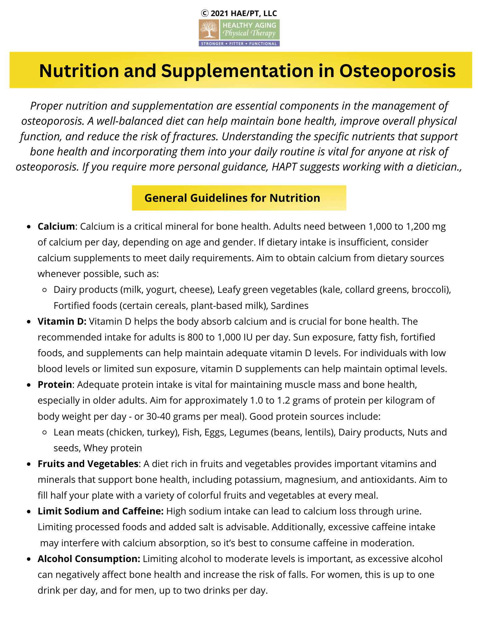 Infographic titled 'Nutrition and Supplementation in Osteoporosis'. It provides guidelines for nutrition including calcium, vitamin D, protein, fruits and vegetables, limitation of sodium and caffeine, and alcohol consumption to support bone health. 