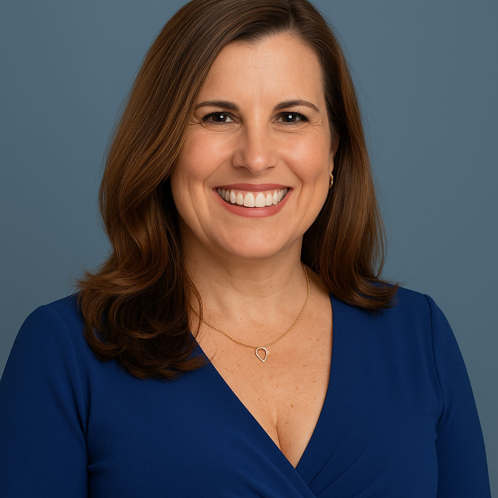 A smiling woman with short hair in an outdoor setting with greenery in the background.