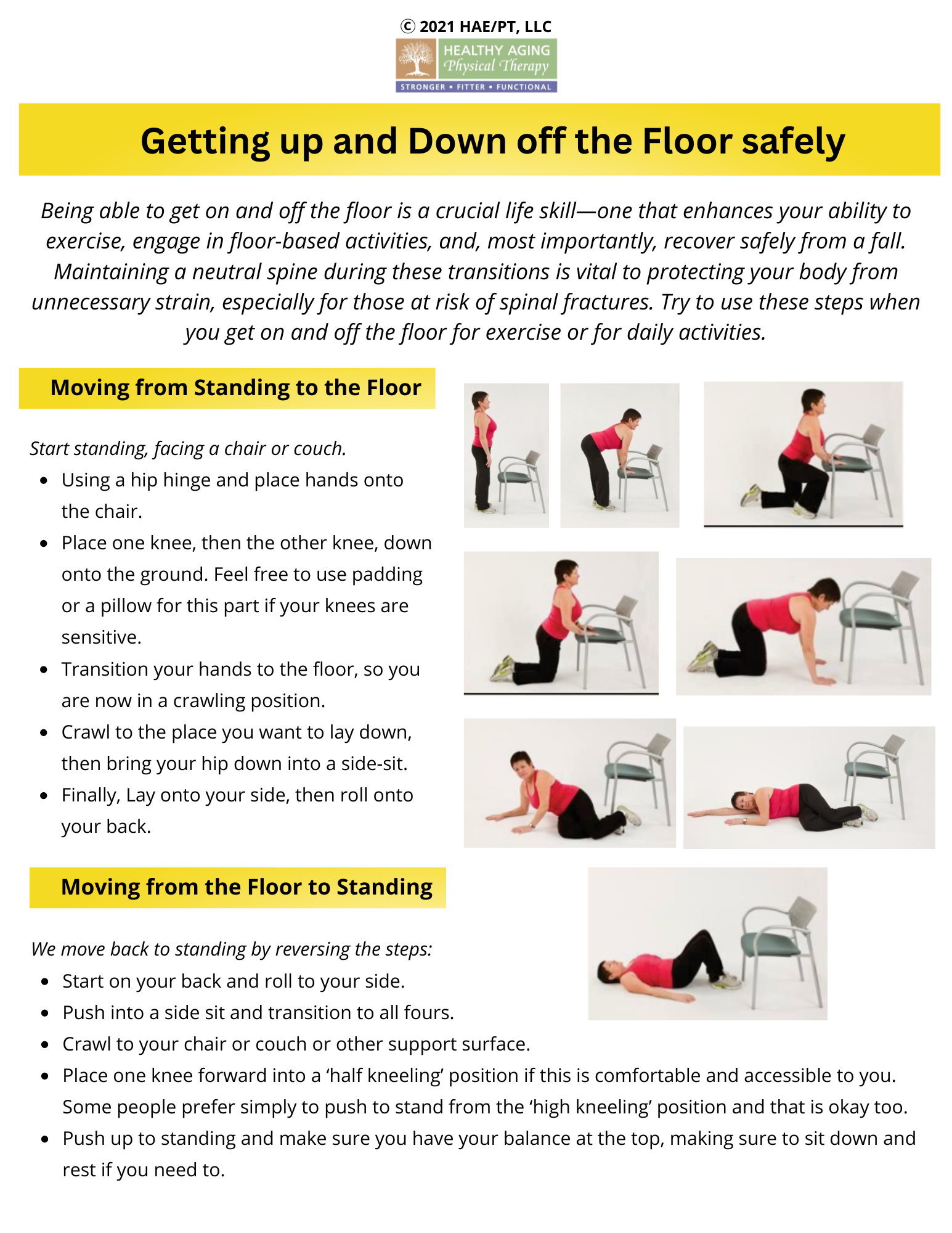 Instructions for safely getting up and down off the floor, including step-by-step guidance with images for moving from standing to the floor and from the floor to standing. Emphasizes using a chair for support and maintaining a neutral spine.