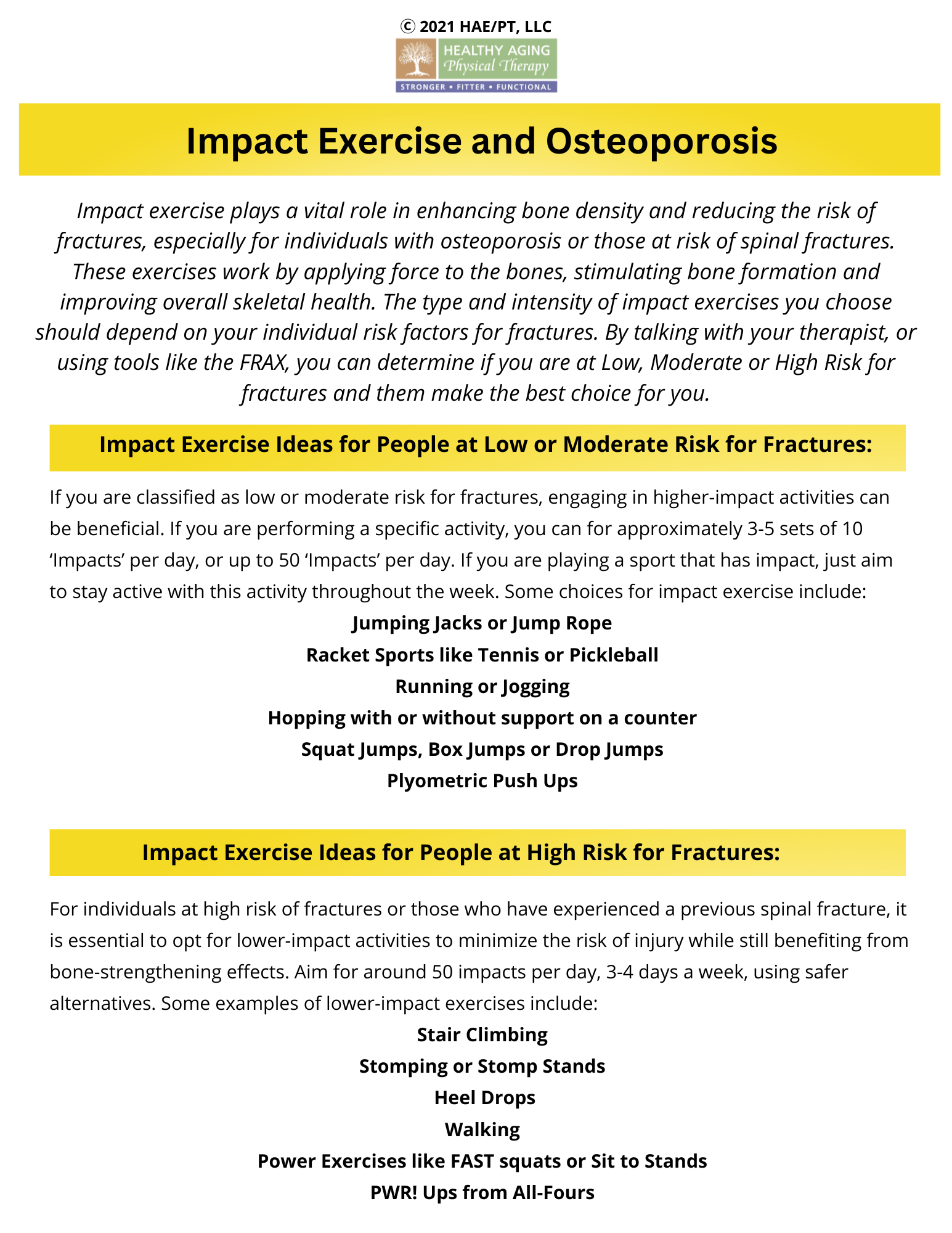 Infographic on impact exercise and osteoporosis. It emphasizes the role of impact exercises in improving bone density and reducing fracture risks. For low to moderate risk individuals, suggested exercises include jumping jacks, jump rope, racket spor