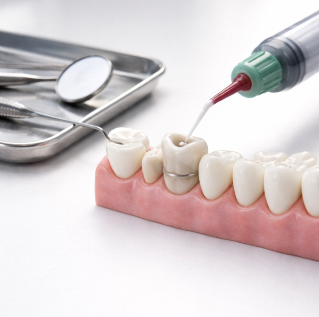 dentist holding dislodged dental crown with gloved fingers