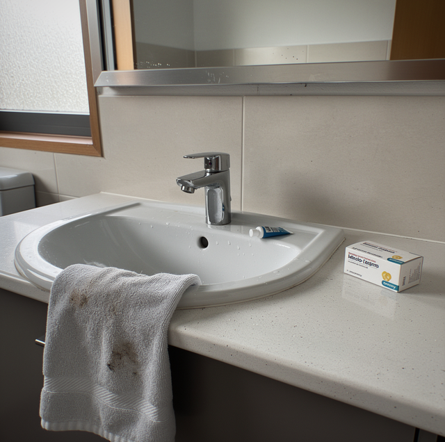 A glass of water with a straw sits on a wet countertop next to a sink and faucet by a window.
