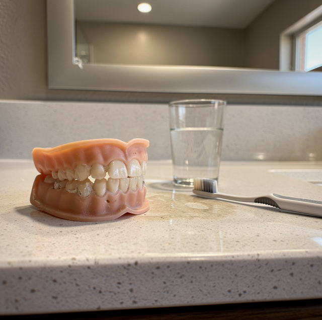 Dental denture model displayed on bathroom counter next to glass of water and toothbrush.