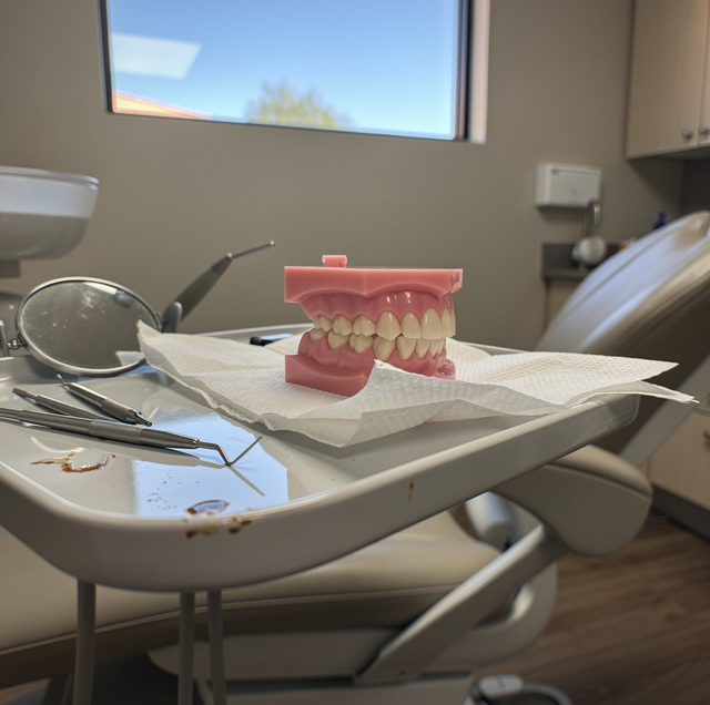 Dental model with teeth on tray table next to magnifying glass and instruments in dental office room.