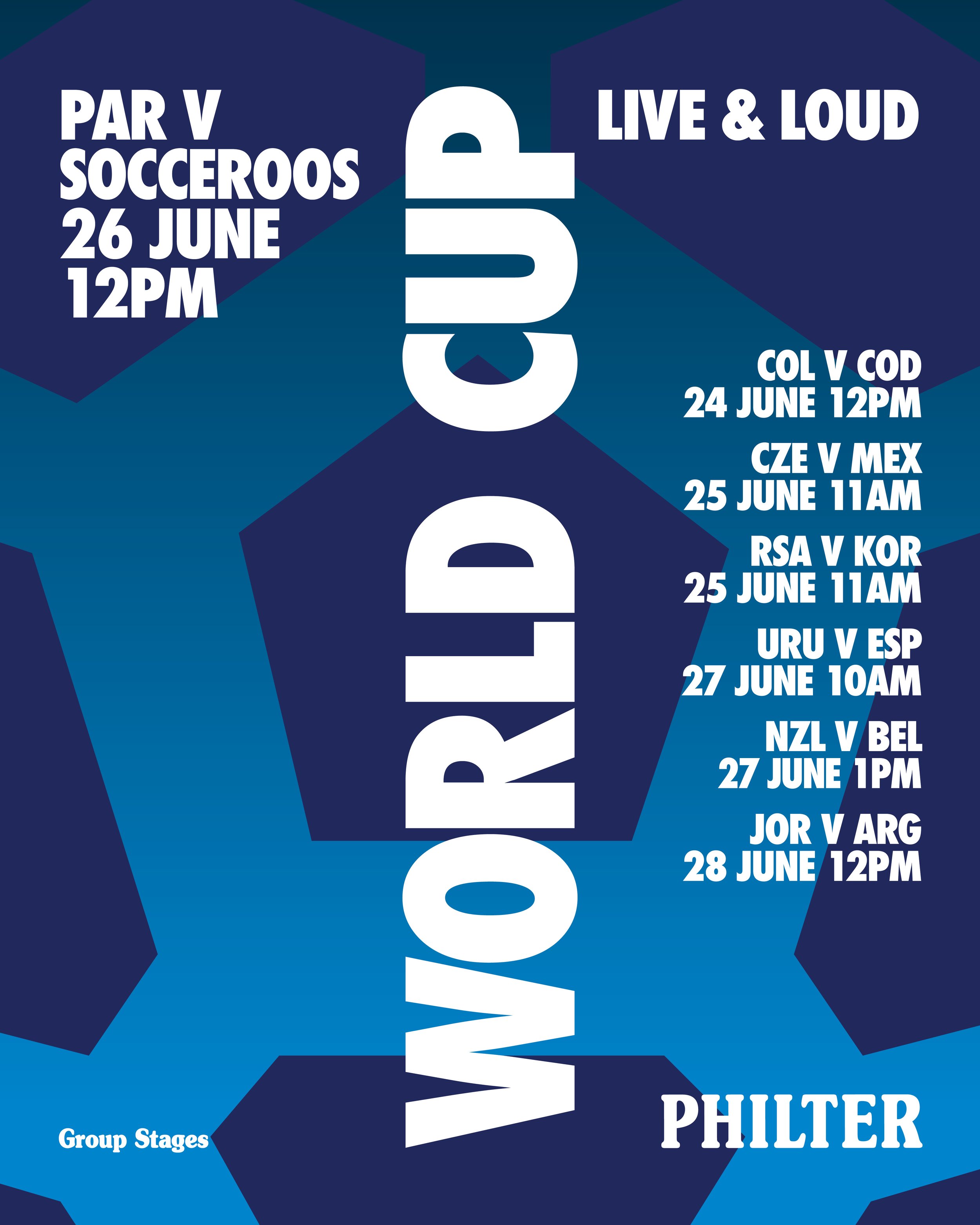 Event schedule poster with group stage matches for soccer tournament. Details include match times and teams such as Philippines, Uruguay, Argentina, and New Zealand. The background has geometric blue shapes with bold white text.