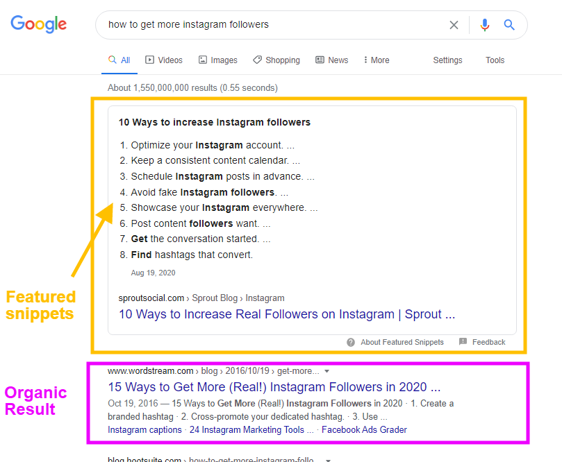 Example of a Featured Snippet vs an Organic Search Result