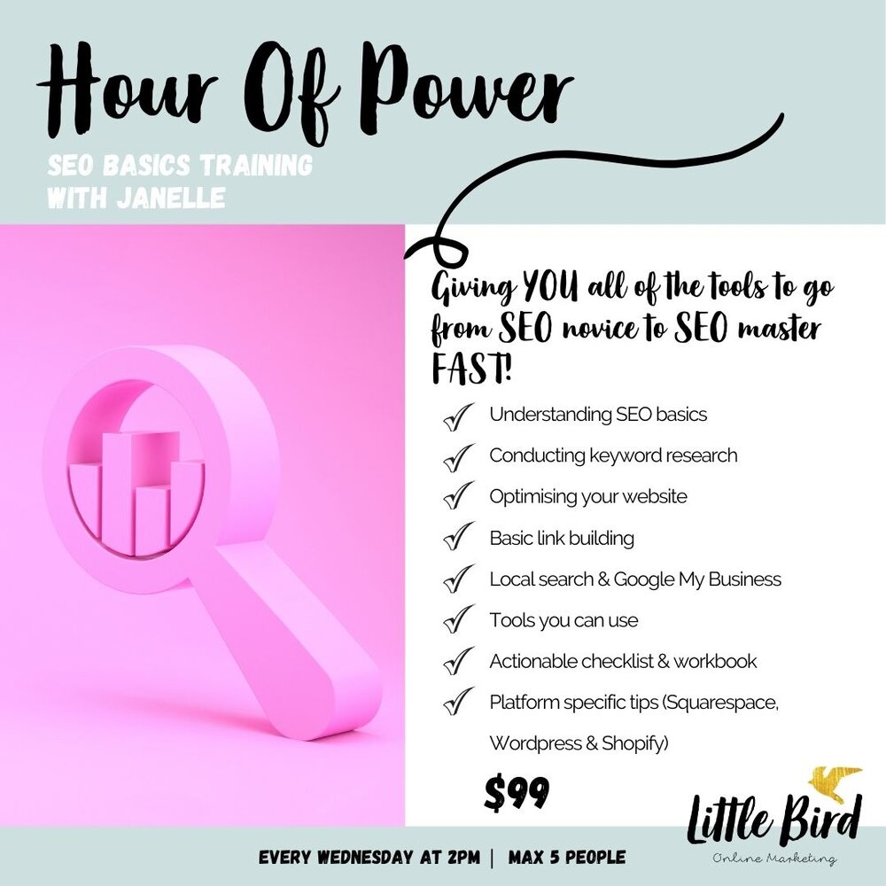 Learn more about SEO for your business in our small-group marketing training    Hour of Power Session   !