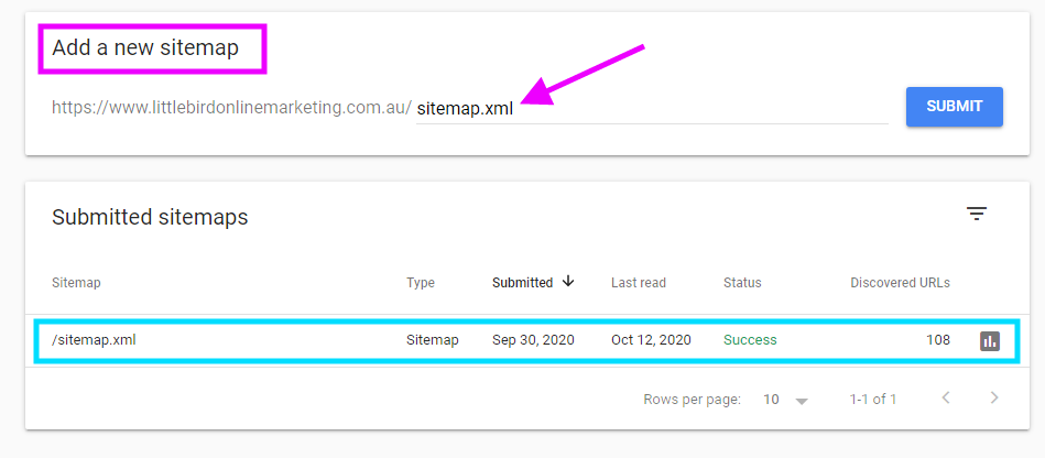 Screenshot from Google Search Console, where you can submit your Sitemap, and also see if it has been processed successfully or if there are any errors.
