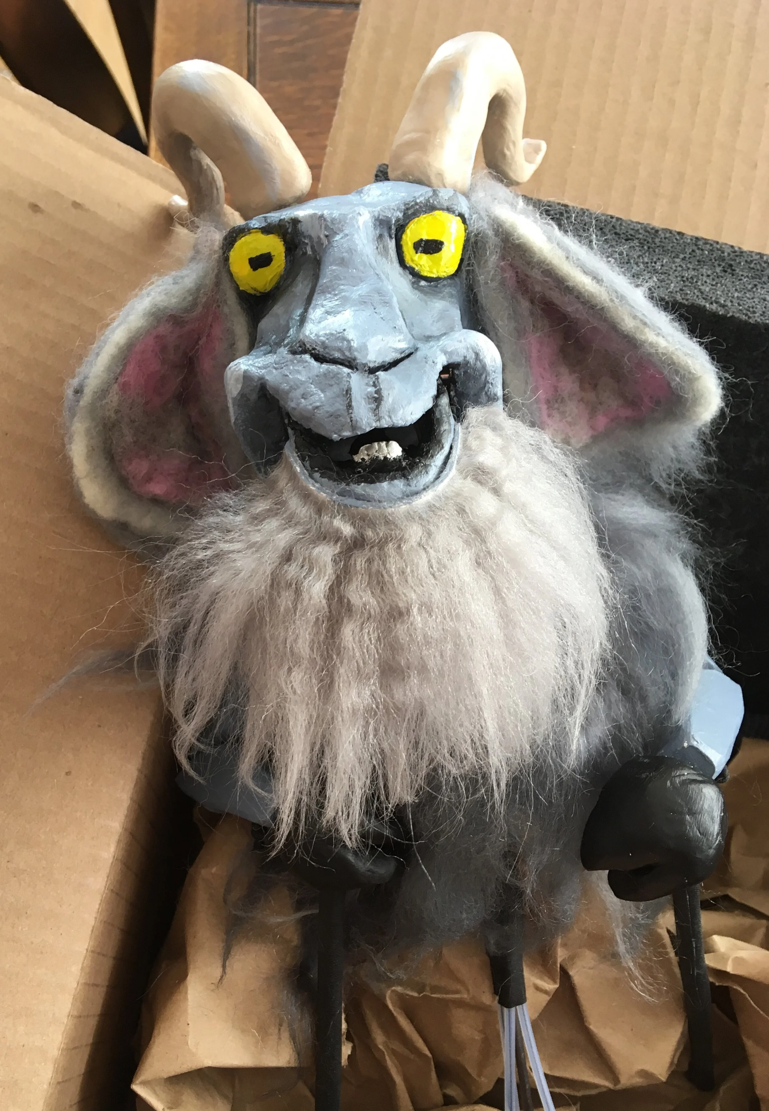 Goat created during a puppet mechanism workshop at Long Grass Studio, 2018.