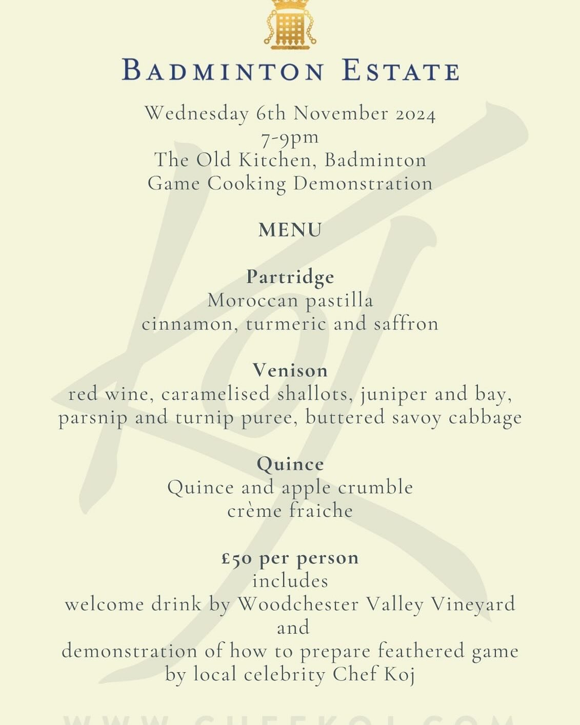 Would you like a unique experience combining a game cookery demo and a 3 course dinner at Badminton House? Book now! Tickets went on sale yesterday and are almost half sold out already.