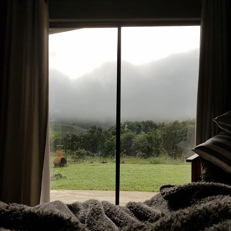 Misty views from a cosy bedroom