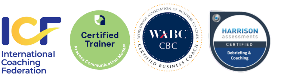 Logos of three coaching certification organizations: International Coaching Federation, World Association of Business Coaches, and Harrison Assessments, ICF PCC, Process communication Model PCM trainer and coach
