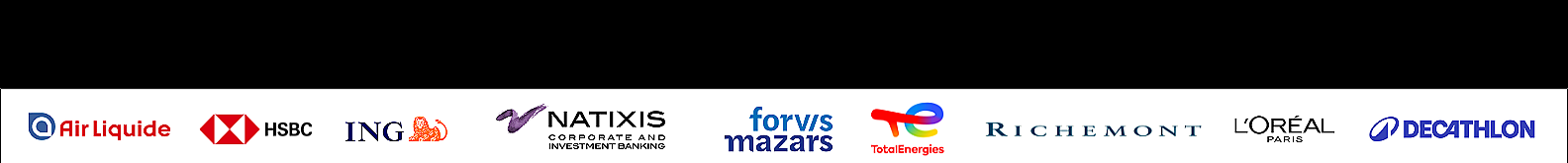 Series of company logos including Air Liquide, HSBC, ING, Natixis, Forvs Mazars, TotalEnergies, Richemont, L'Oréal, and Decathlon.