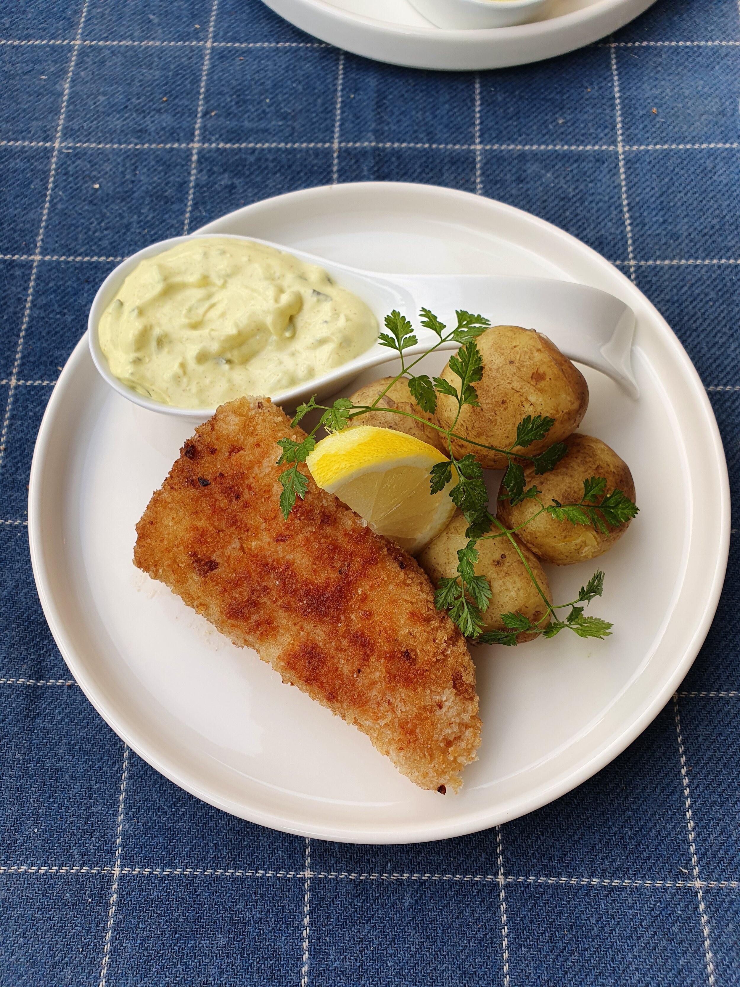 Panko breaded fish with tartar sauce and boiled new potatoes Jimmy's