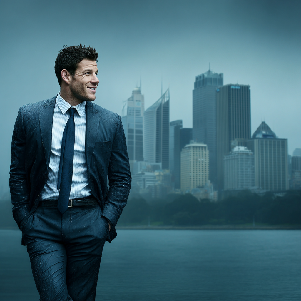A man in a wet business suit walks outdoors in front of a city skyline under a cloudy sky.
