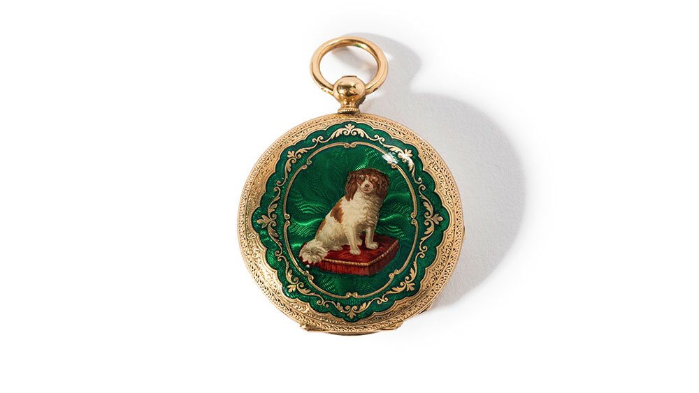    Charming men's pocket watch with enamel portrait of a king charles spaniel   