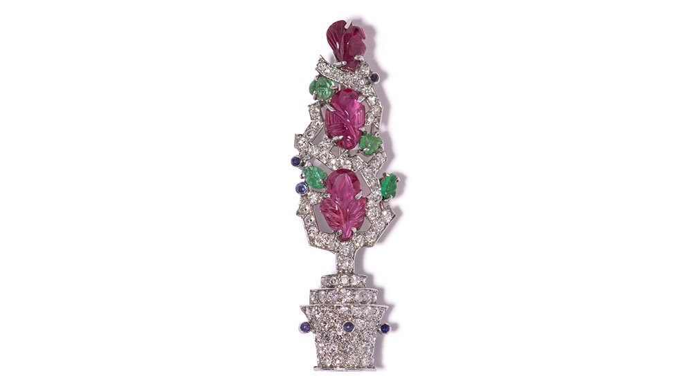    PLATINUM AND 18K WHITE GOLD, DIAMOND, RUBY, EMERALD ,AND SAPPHIRE ART DECO TUTTI FRUTTI BROOCH. ATTRIBUTED TO CARTIER-NEW YORK, 1930'S   
