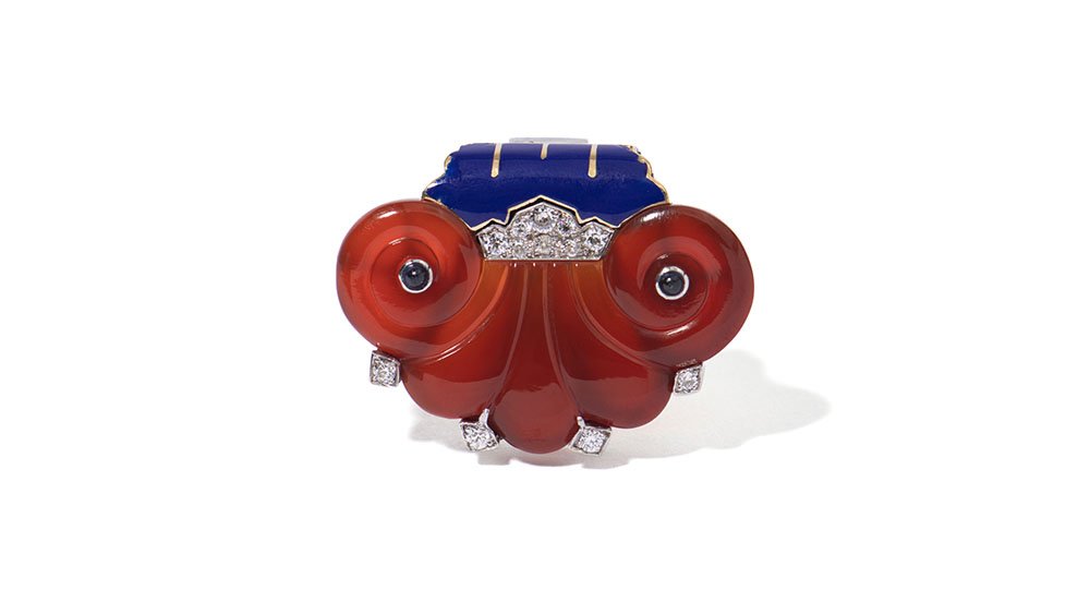    PLATINUM &amp; 18K YELLOW GOLD CARTIER PIN WITH DIAMOND, BLUE SAPPHIRE, CARVED CARNELIAN  &amp; ENAMEL   