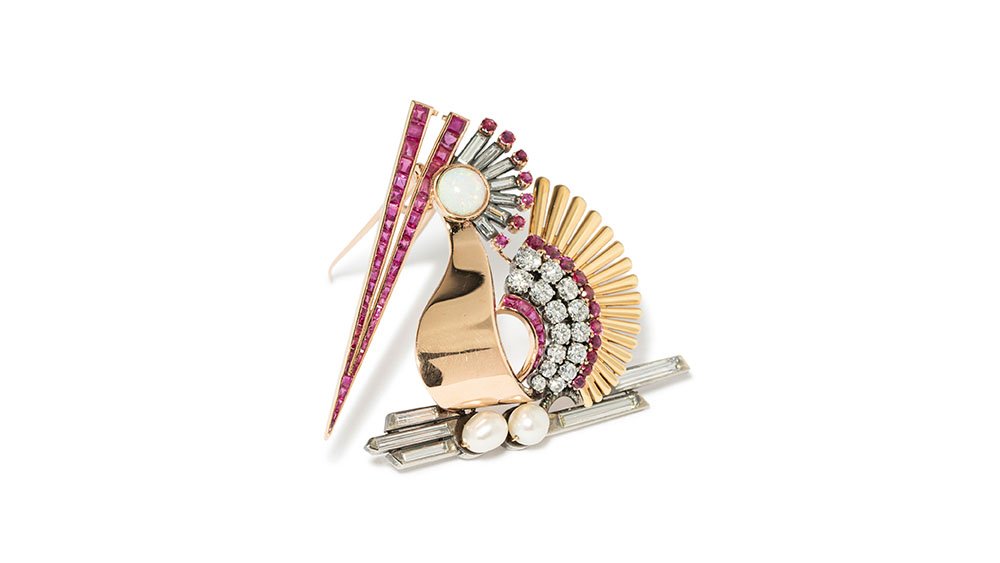    14K TRI COLOR GOLD PELICAN PIN WITH DIAMOND, OPAL, RUBY, AND PEARL   