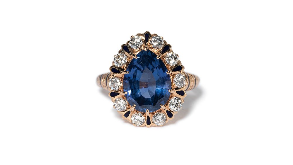   14K ROSE GOLD RING WITH BLUE TO VIOLET CEYLON NO HEAT SAPPHIRE, DIAMOND, AND ENAMEL   