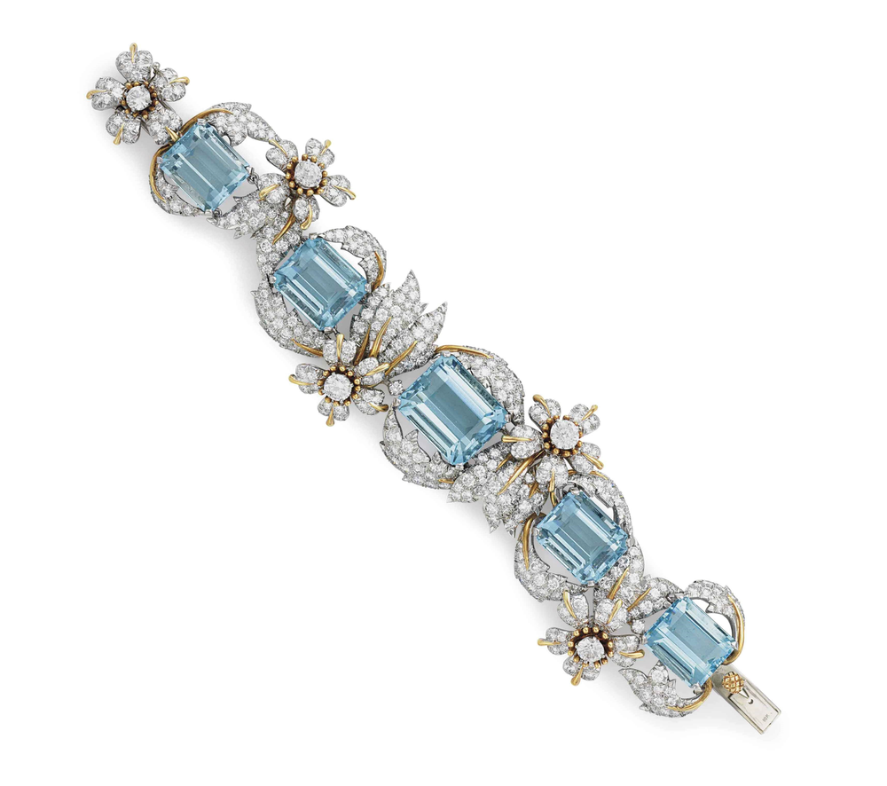   From The Collection of Peggy and David Rockefeller. An aquamarine and diamond ‘Leaves and Flowers’ bracelet, by Jean Schlumberger, Tiffany &amp; Co.  