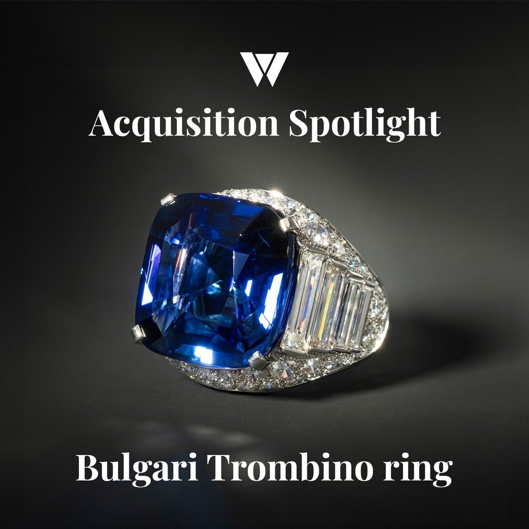 This exceptional Bulgari Trombino ring showcases a rare 25 carat Ceylon Blue Sapphire, further enhanced by two carats of baguette diamonds and more than three carats of round brilliant diamonds.

In 1932 the original Trombino ring was gifted from Gio