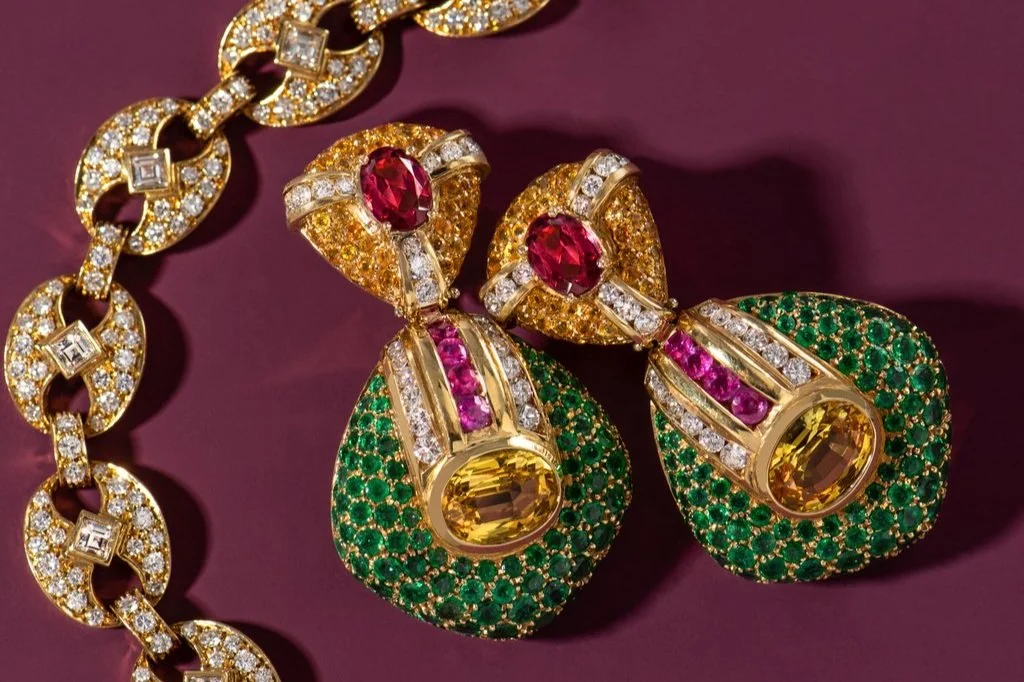 Vintage RCM fine jewelry in 18k Italian yellow gold, emeralds, rubies, diamonds and sapphires.