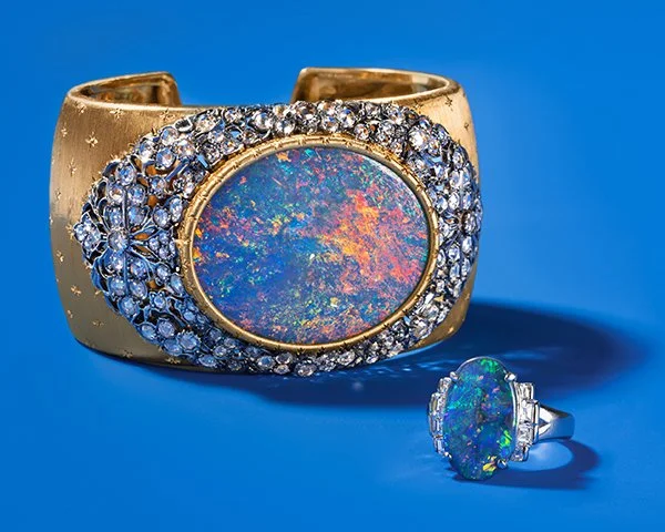 Opal and diamond Buccellati 18k gold cuff and Australian black opal ring with carre cut diamond accents, set in platinum.
