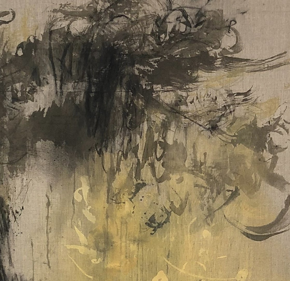 Oak and land communication I (detail), charcoal, ash, & tempera on raw linen, 1895 x 175cm
