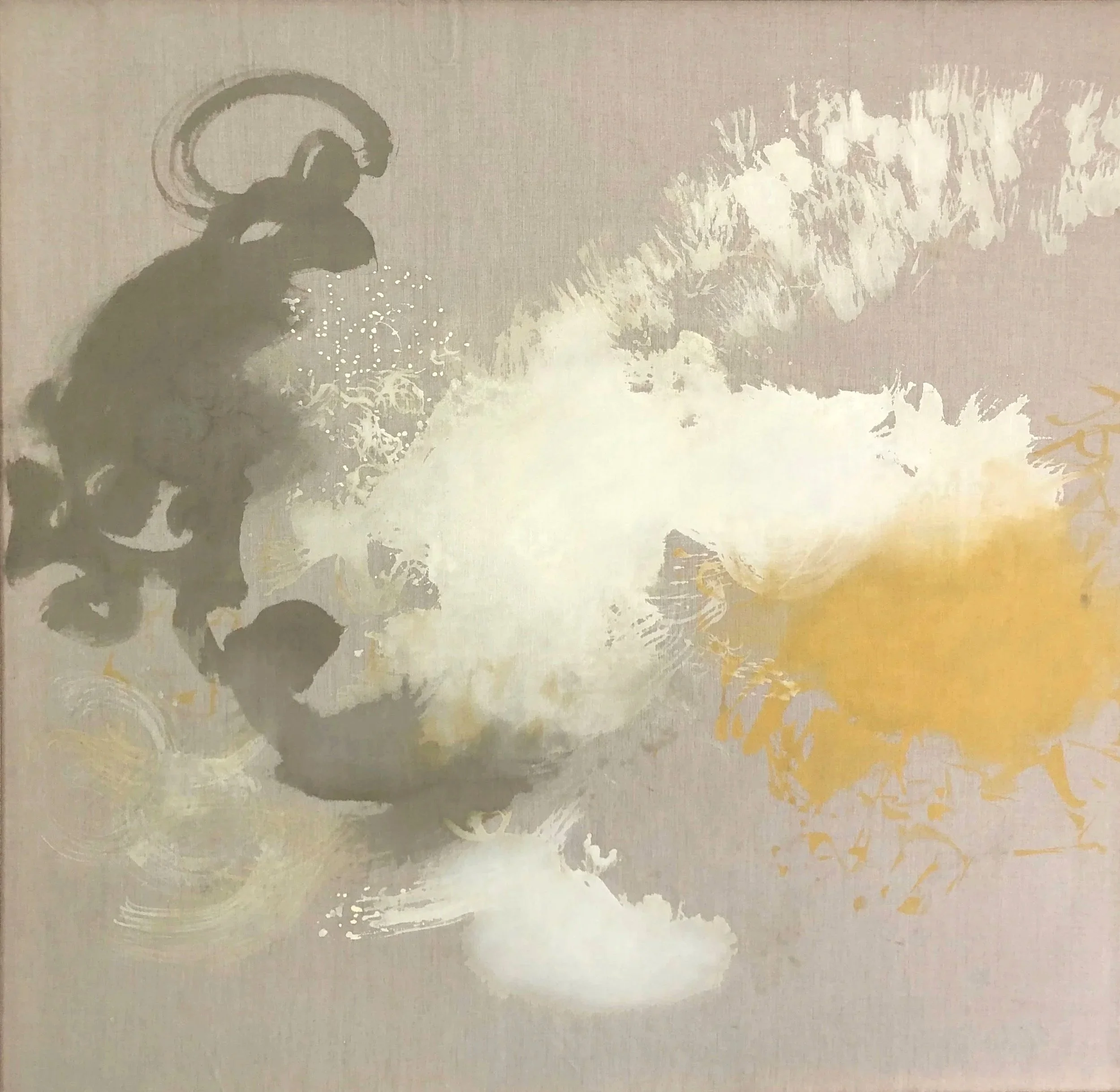 Dragonfly communication I, tempera and oak gall ink on raw linen, 190 x 185cm