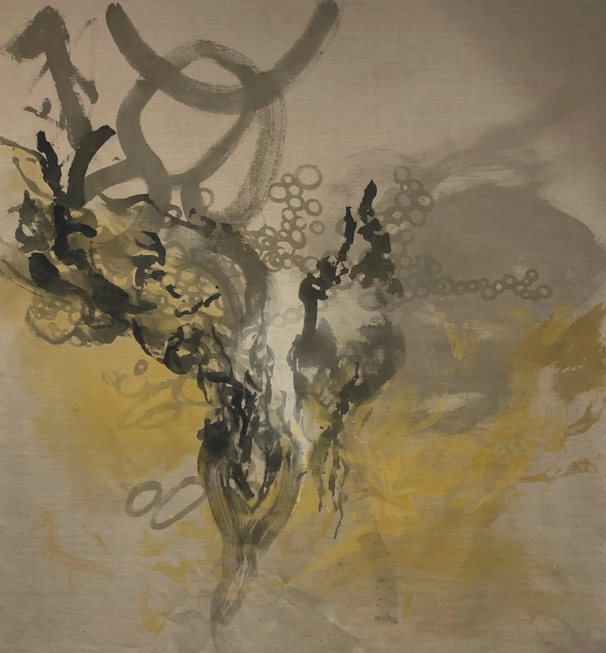 Oak Tree Communication III, oak gall ink and tempera on raw linen, 200 x 195cm