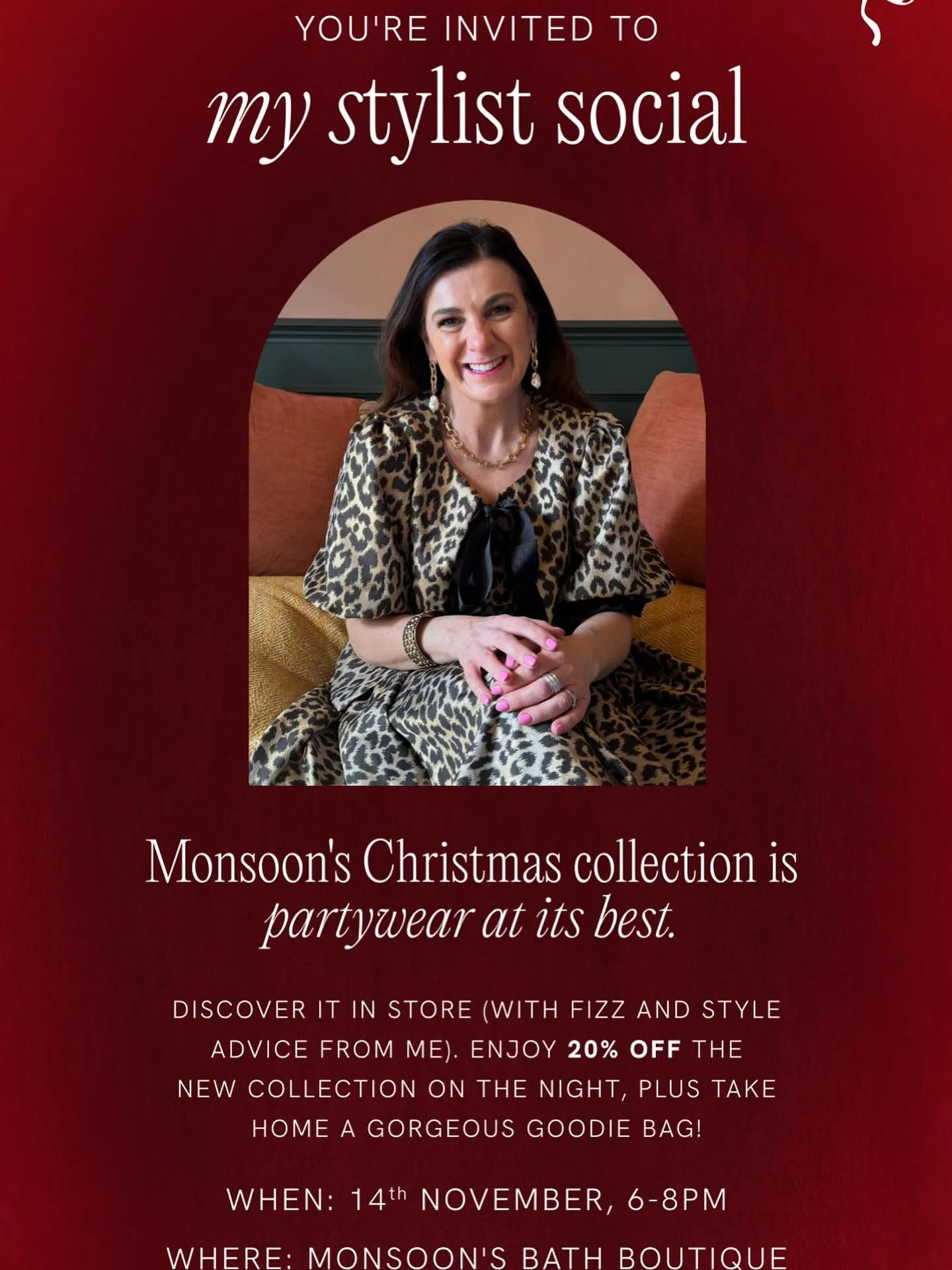 You are all invited to my Stylist social next Friday evening at @monsoon boutique in Bath! 

Join me for top festive tips to inspire what to buy and what to wear! The new collection is absolutely fantastic colourful wearable with a nostalgic nod to v