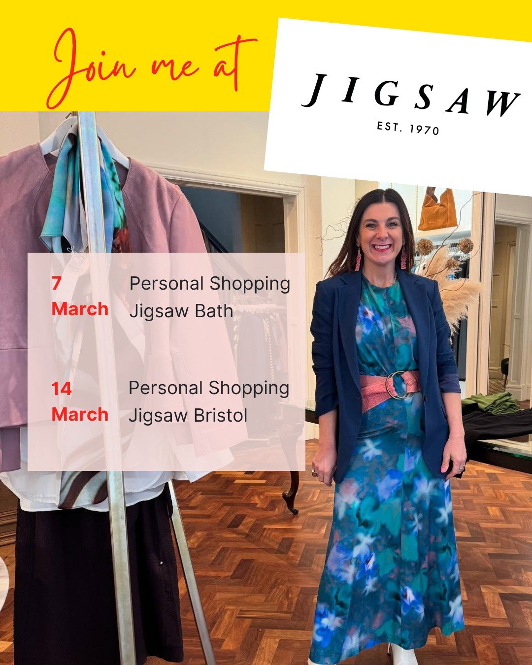 ✨ March Personal Styling &amp; Shopping✨

Join me this month in Jigsaw.
These personal styling events are such a treat - I get to meet, chat and shop with so many lovely customers.

Join me at the following locations:
Bath: Saturday 7th March 
Bristo