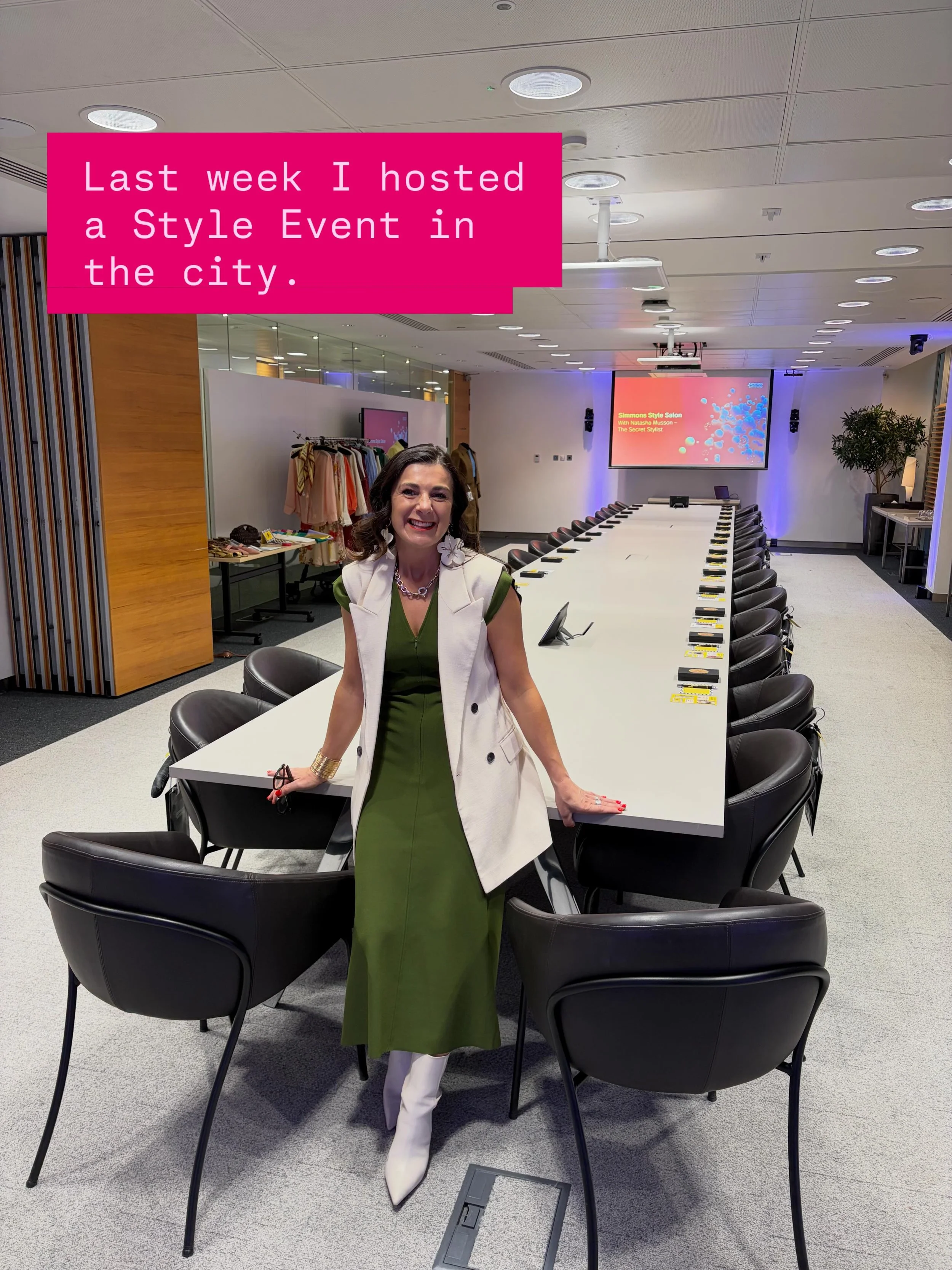 Last week I hosted a style event for Simmons &amp; Simmons Law firm at City Point. 

I presented to a large crowd at a ginormous board table! 

I commissioned @catelierstore to create bespoke scented wardrobe bags to accompany my Secret Stylist coat 