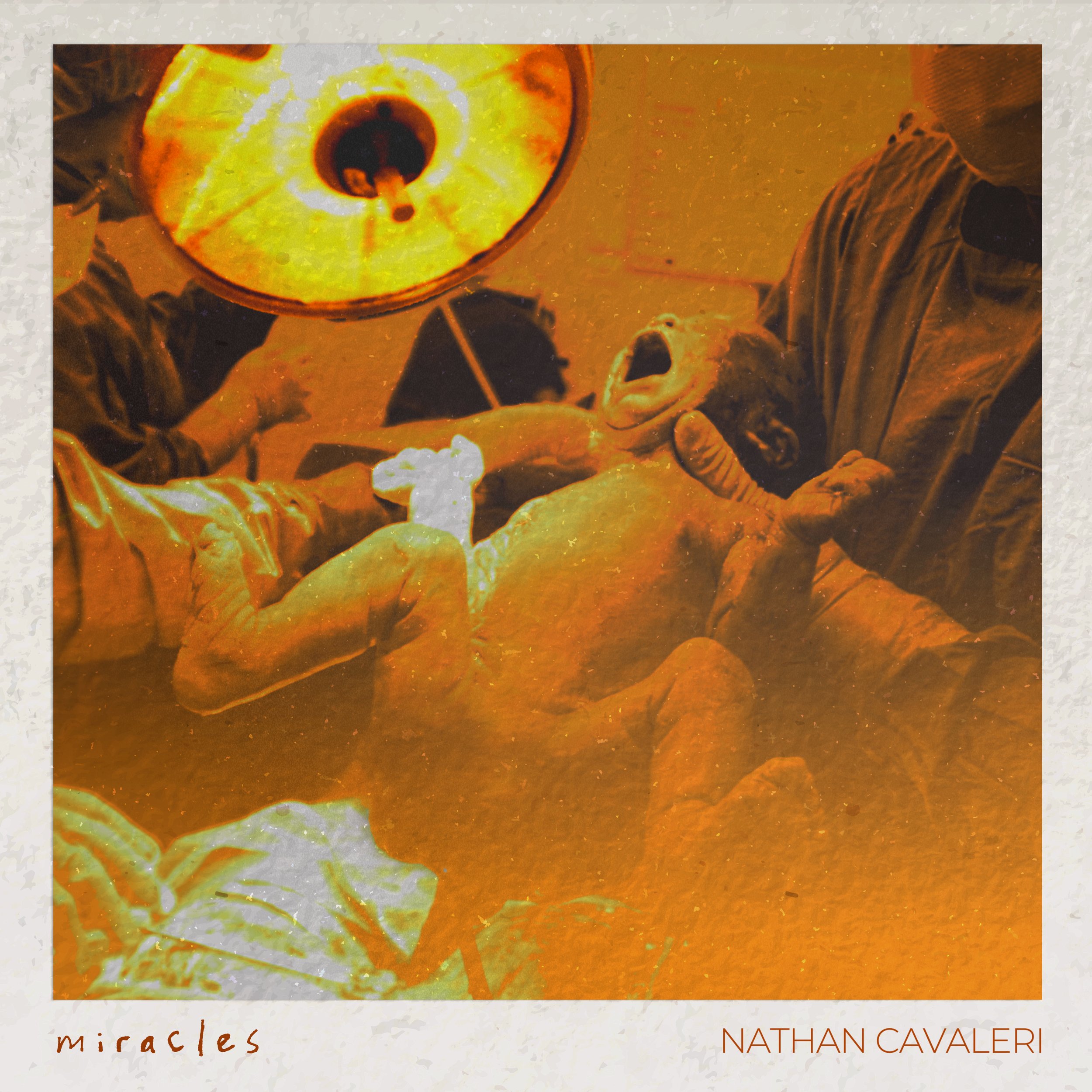 Nathan Cavaleri album cover art for Miracles. Picture of newborn baby under hospital light