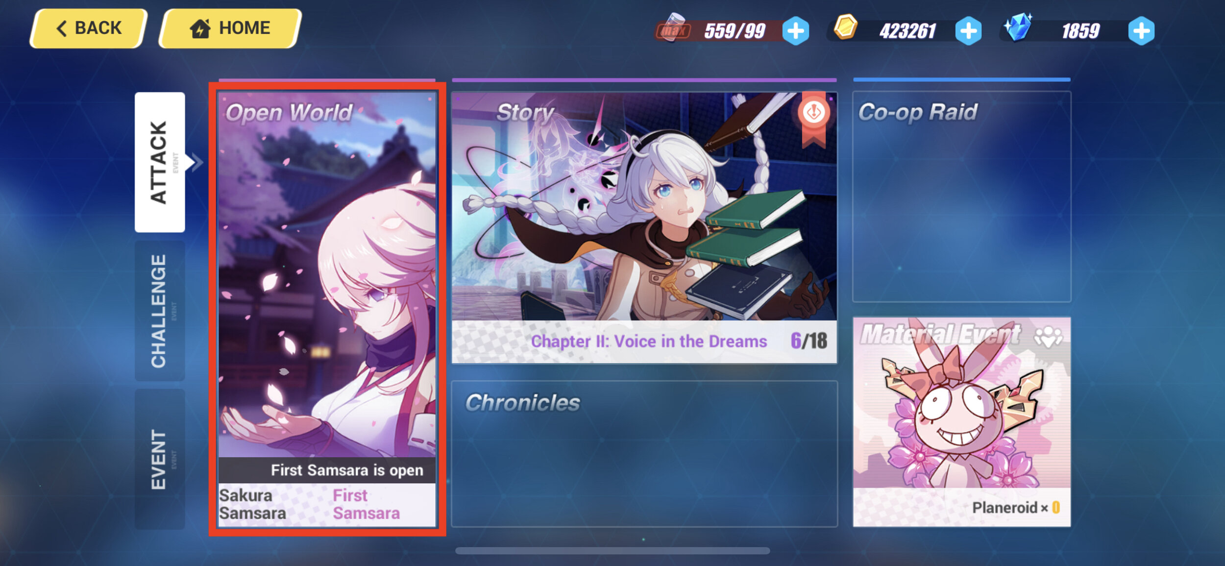 HI3’s open world feature highlighted in red.