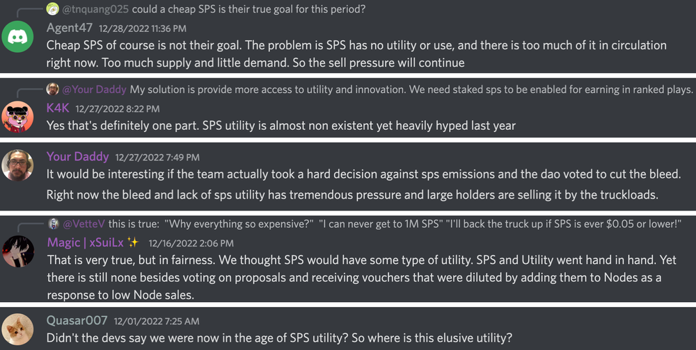 Various player concerns about SPS utility and supply