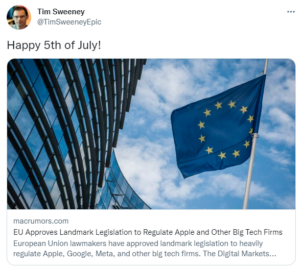Tweet| Tim Sweeney: Happy 5th of July!