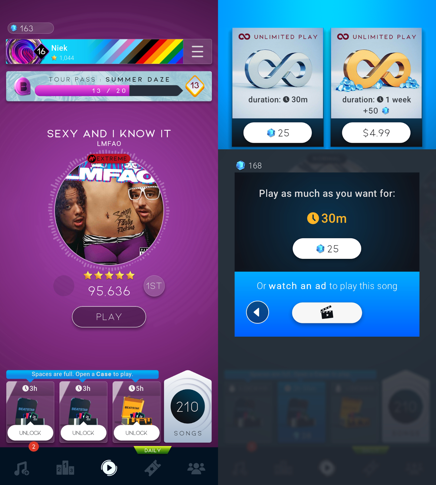 L: Song cases full | R top: Unlimited Play packages (store) | R center: Play On popup