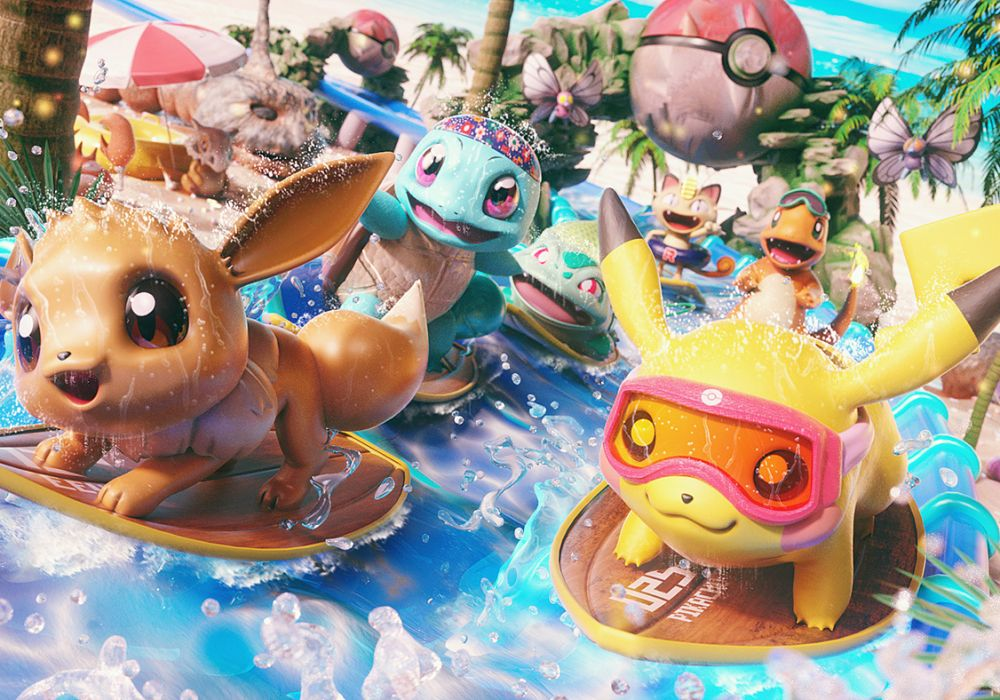 The Pokemon characters on water skateboard