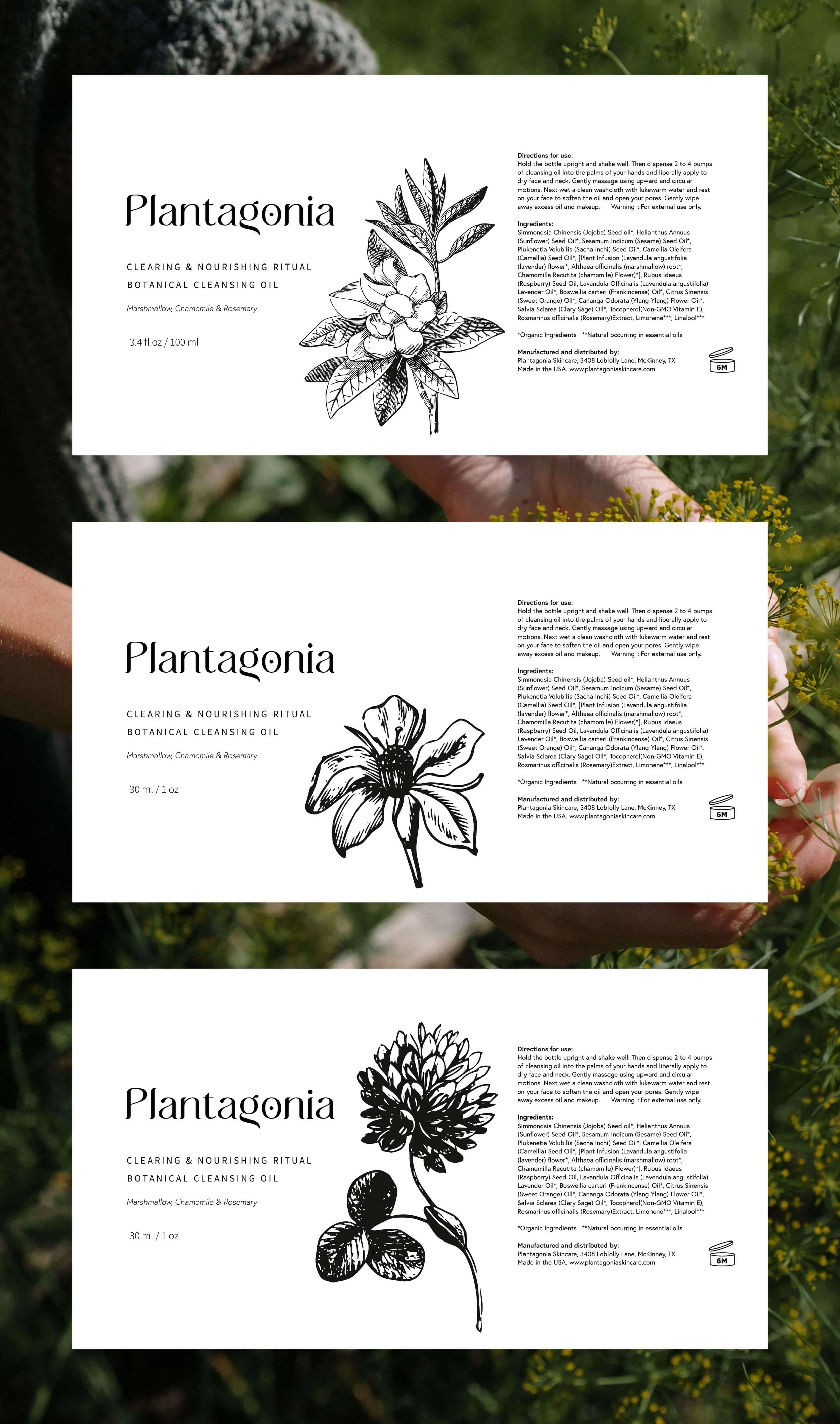 Skincare label design with botanical illustrations