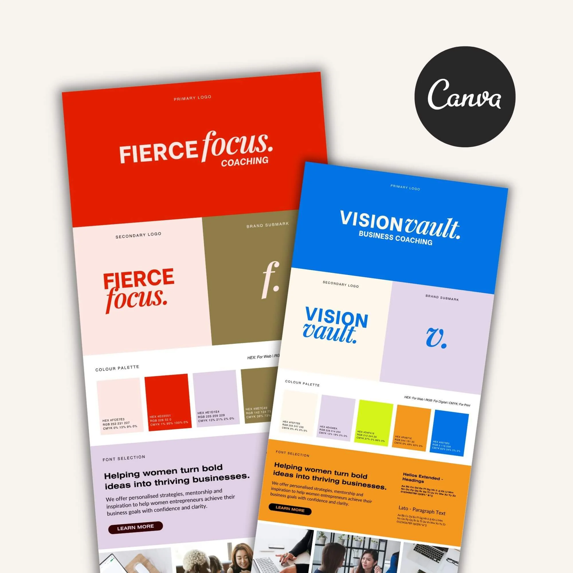 Customizable branding kit for business coaching - Fierce Focus and Vision Vault brand kits side by side showcasing logo, color palette, and fonts for professional coaching businesses.