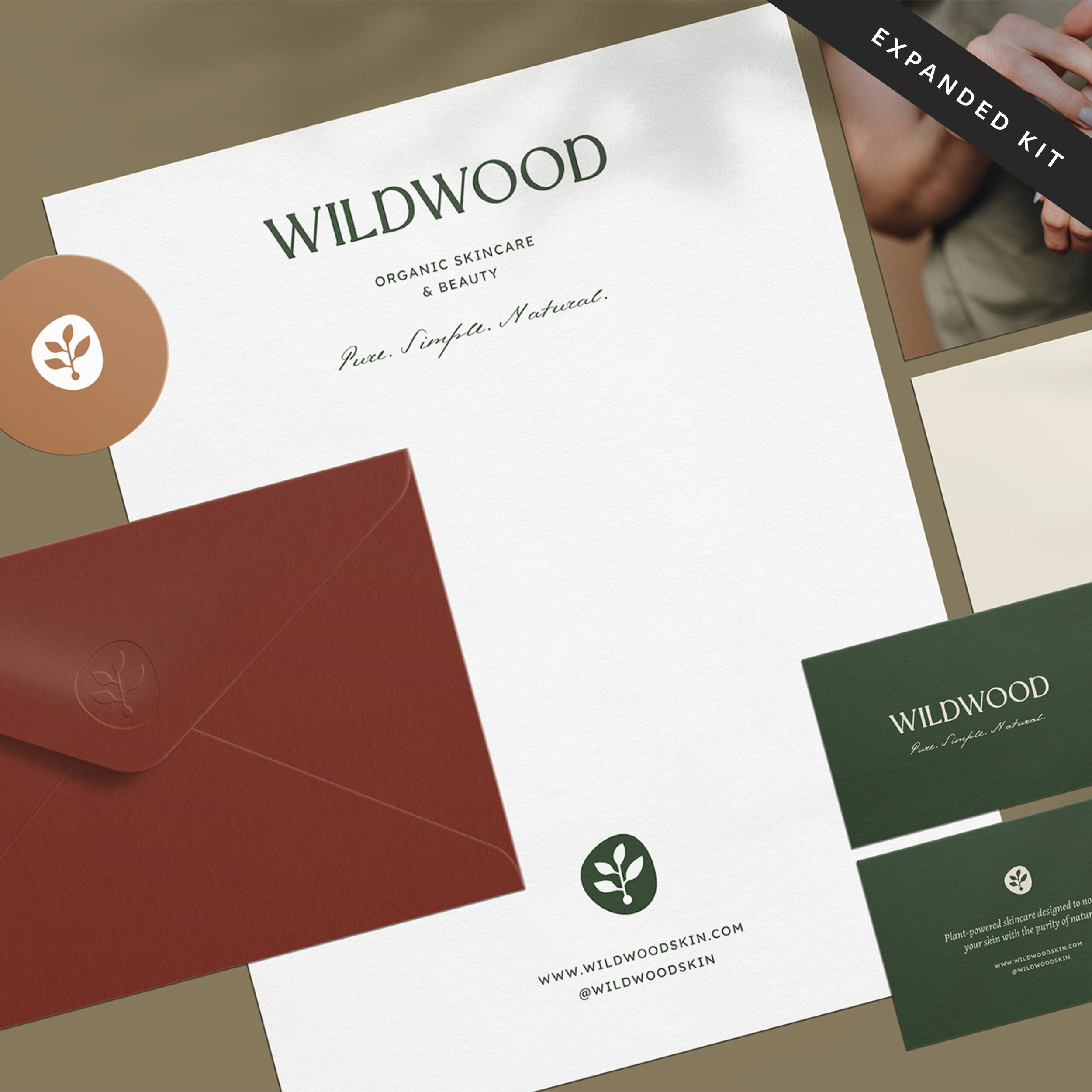   Wildwood organic skincare brand kit featuring earthy color palette, minimalist logo, brand icons, and business card design  