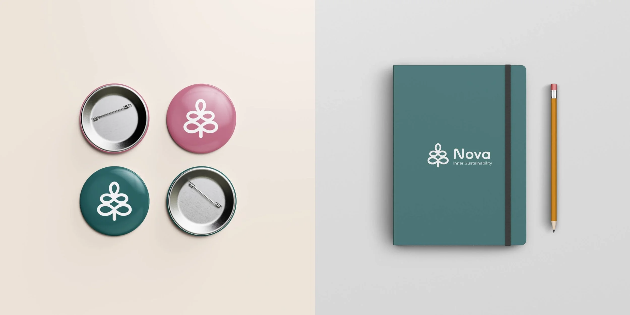 Branded Nova Course collateral including notebooks, stickers, and badges.