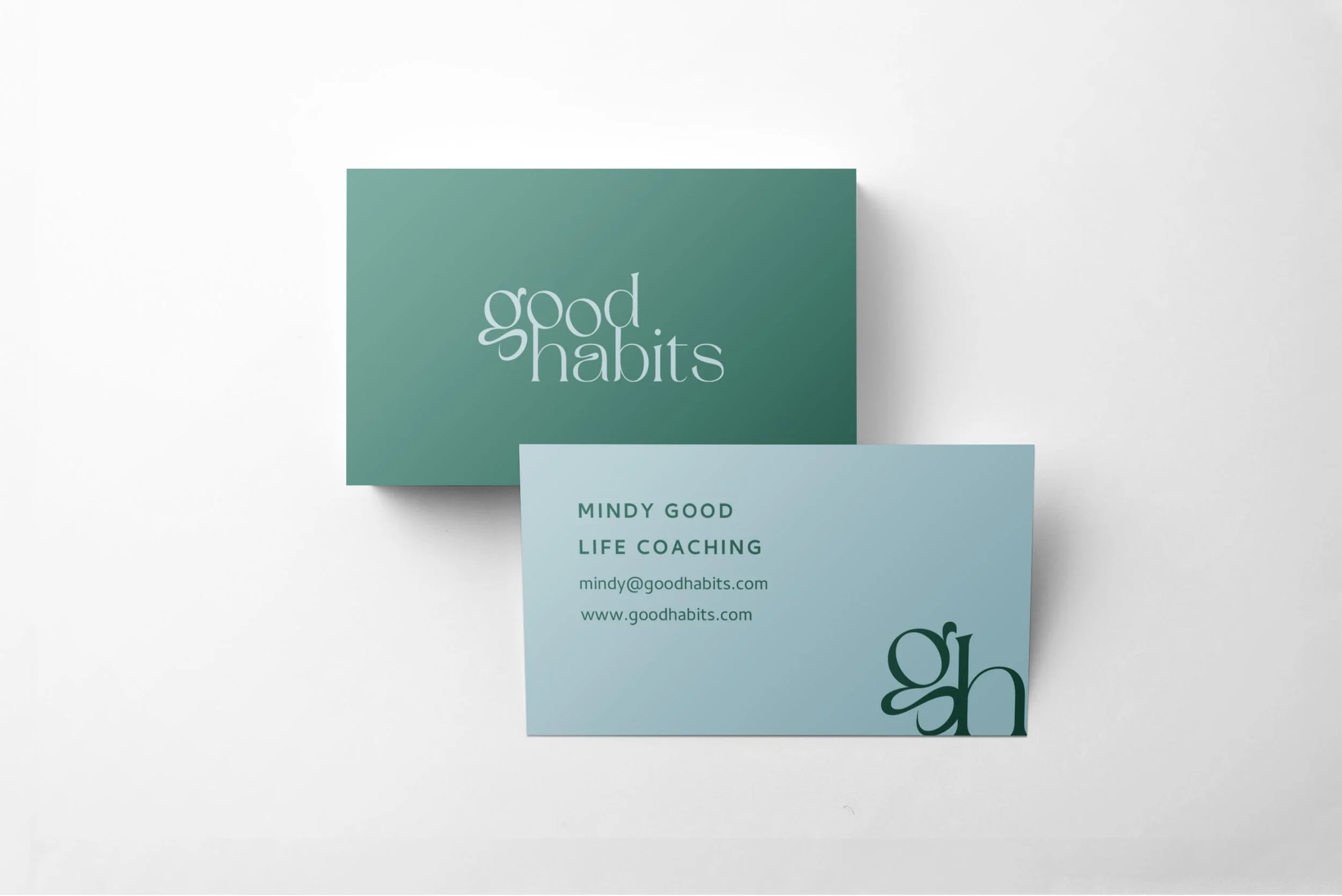 Business card design for life coach featuring Good Habits branding, including logo, contact information, and minimalist style.