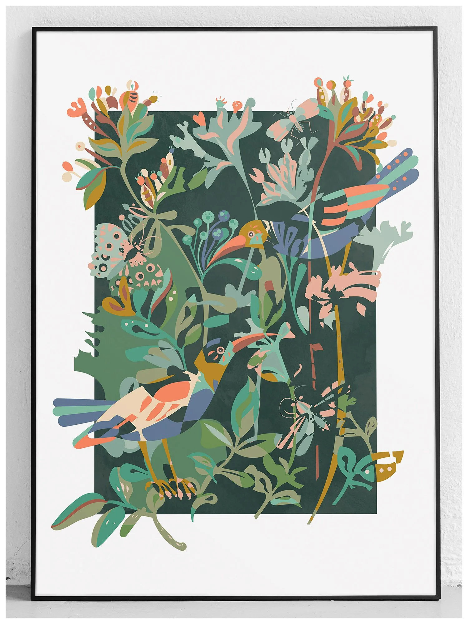 An art print featuring a stylized, colorful illustration of various birds, insects, and plants arranged in a dense composition with a dark background and a white surrounding border.