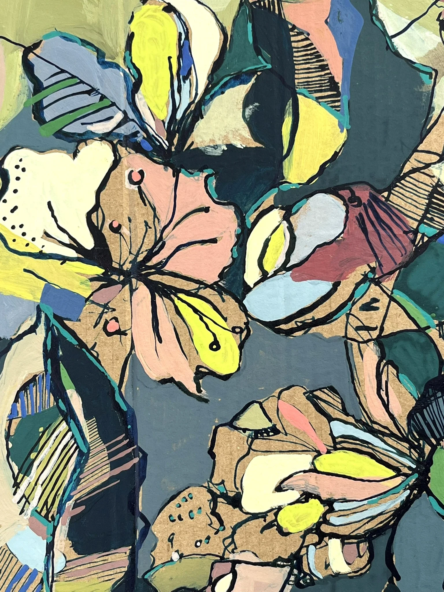 Abstract colorful painting with flowers, leaves, and stems depicted in bold black outlines and vibrant shades of yellow, pink, blue, green, and beige.