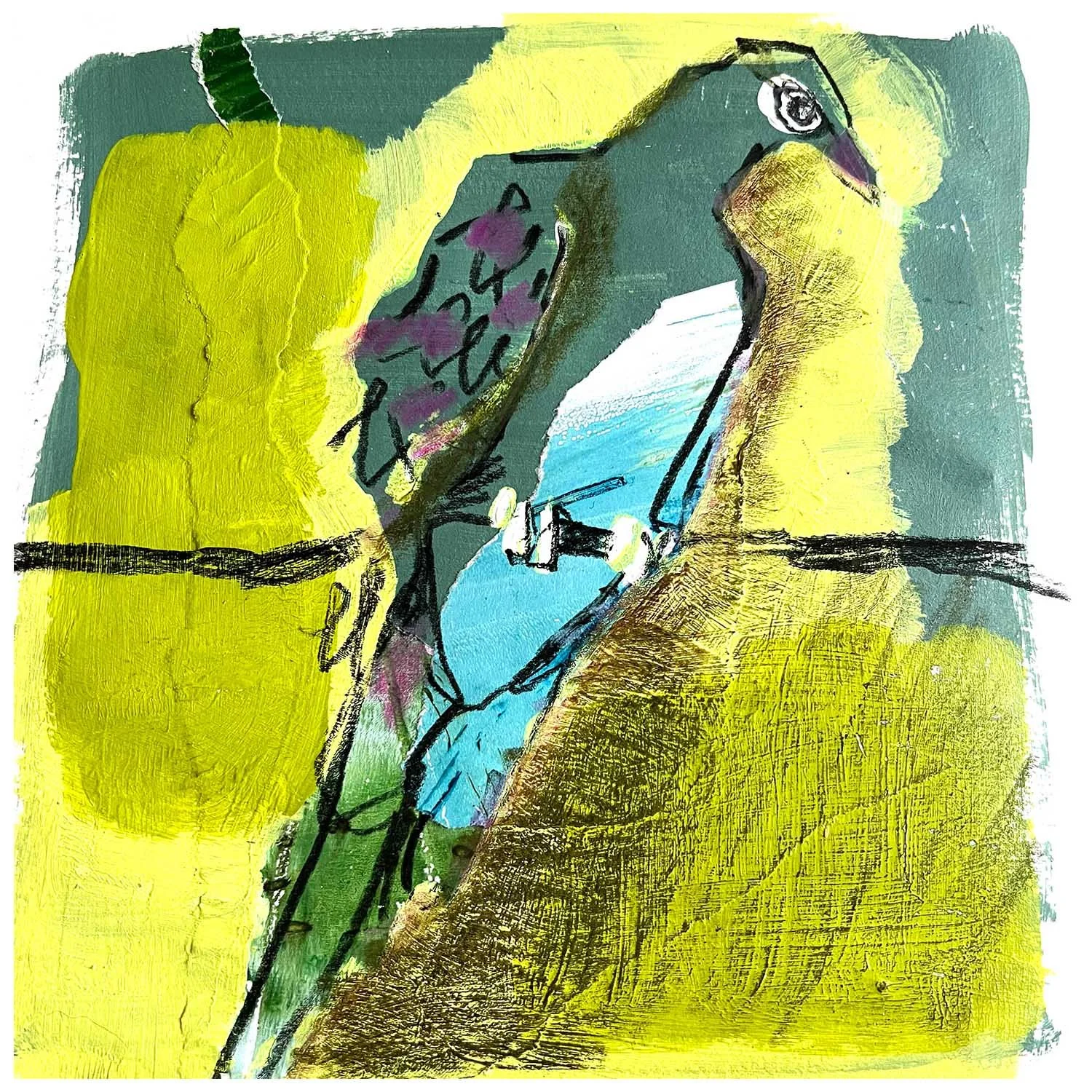 An abstract painting of a person holding a smartphone, with yellow and green colors and black outlines.
