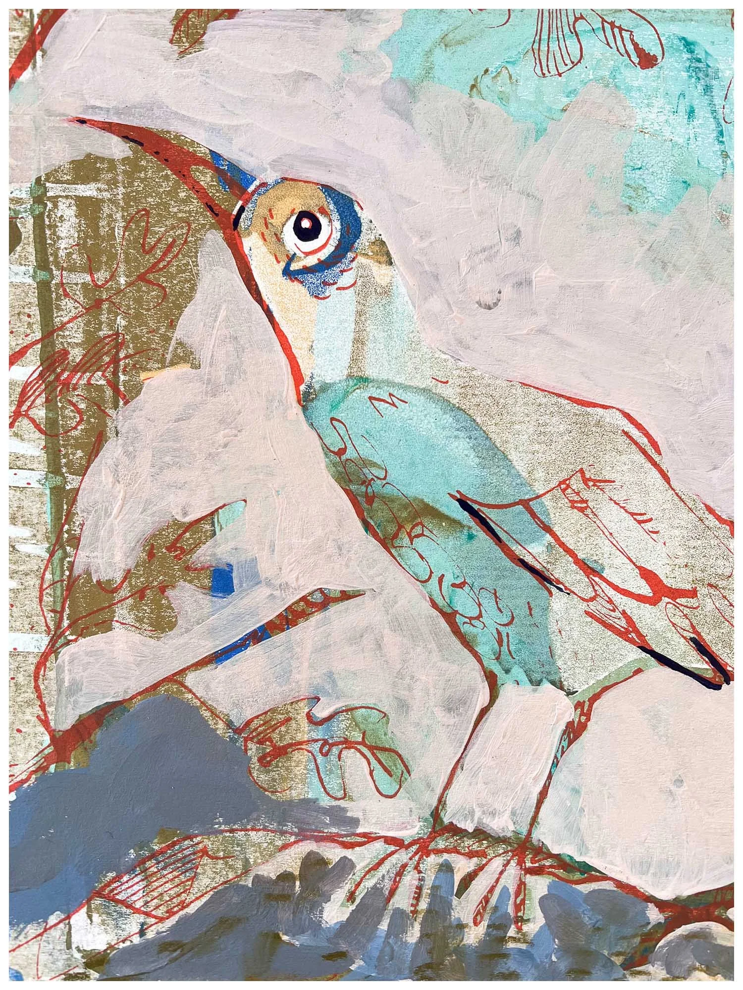 A colorful abstract painting featuring a bird with a large eye, surrounded by various textured and painted elements, including leaves, feathers, and gold accents.