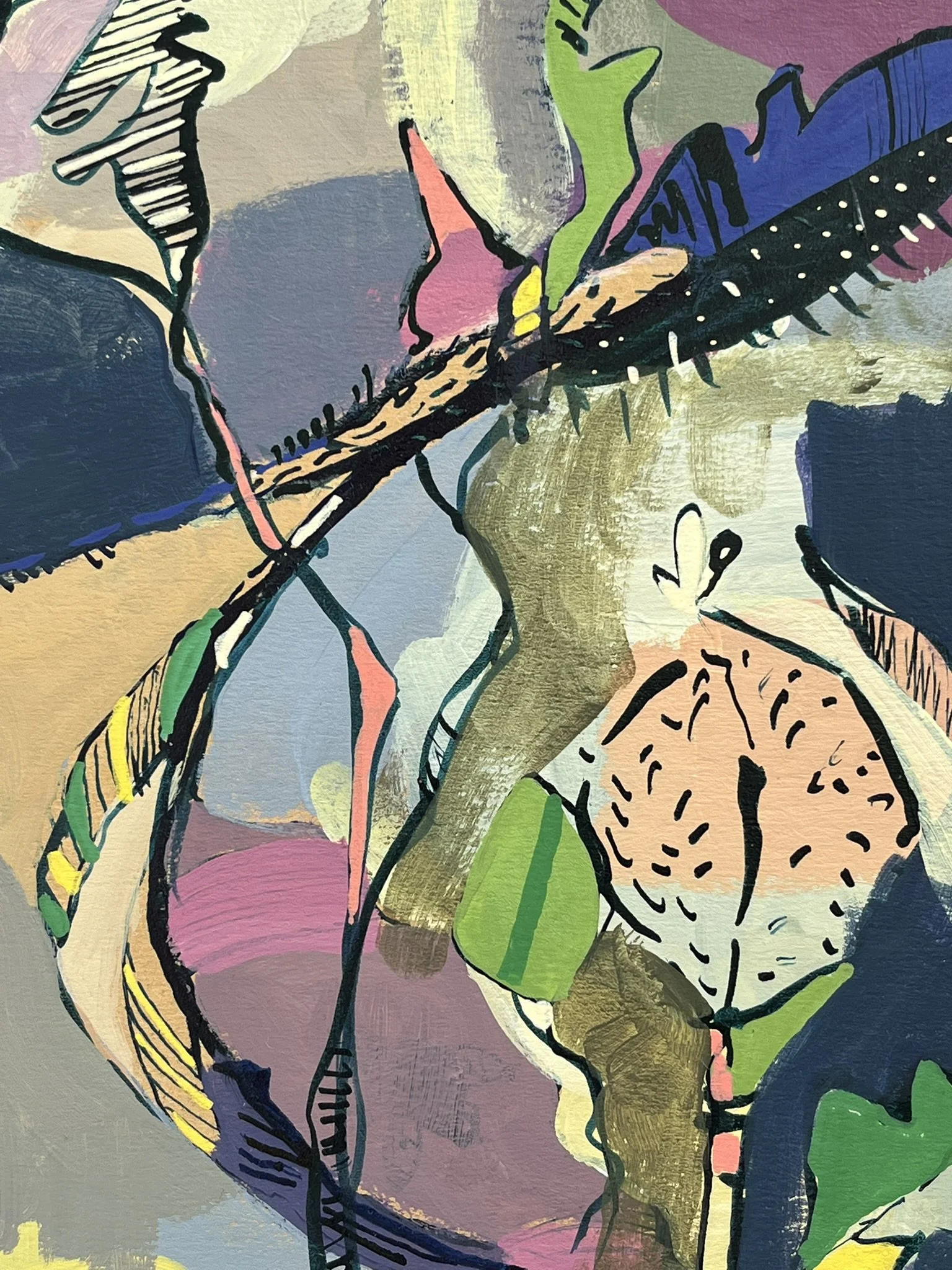 Abstract colorful artwork featuring shapes and lines in shades of purple, green, pink, blue, yellow, and black.